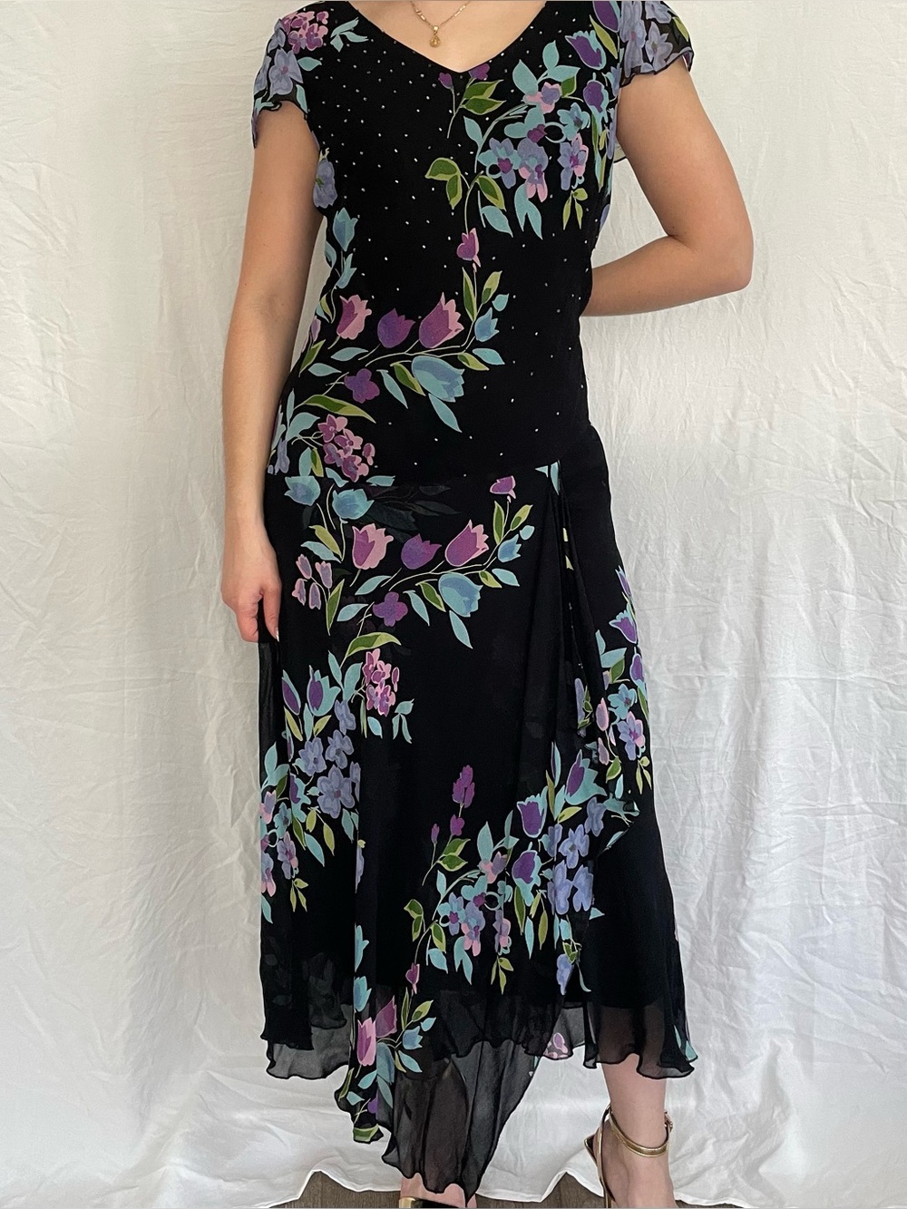 Vintage elegant black floral beaded fairycore midi dress